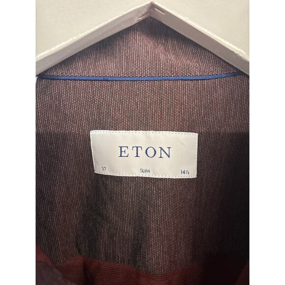 New ETON Men’s Sz 37 Slim 14 1/2 Red Marled Wrinkle Free Flannel Shirt Burgundy - Picture 4 of 5